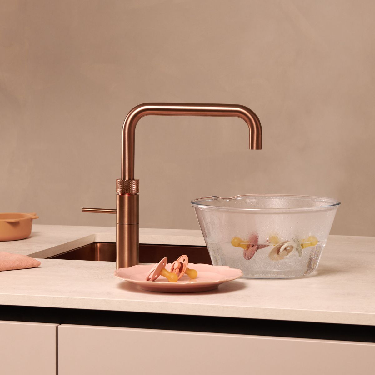 Quooker Fusion Square Boiling Water Tap Rose Copper Sterilising Baby Dummies