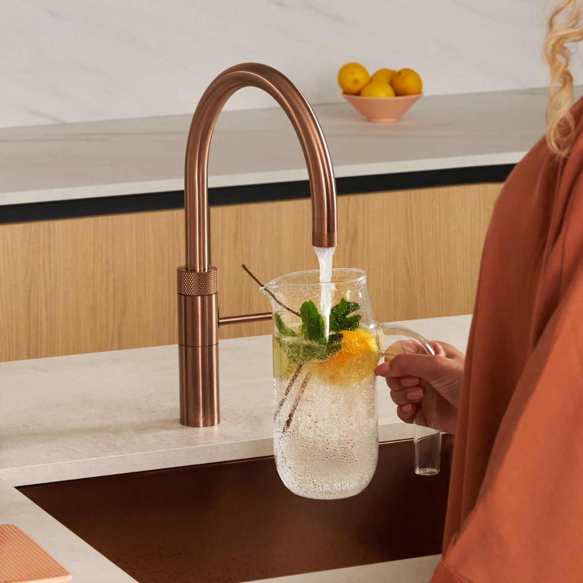 Quooker Fusion Round Boiling Water Tap Rose Copper Dispensing Chilled Sparkling Water