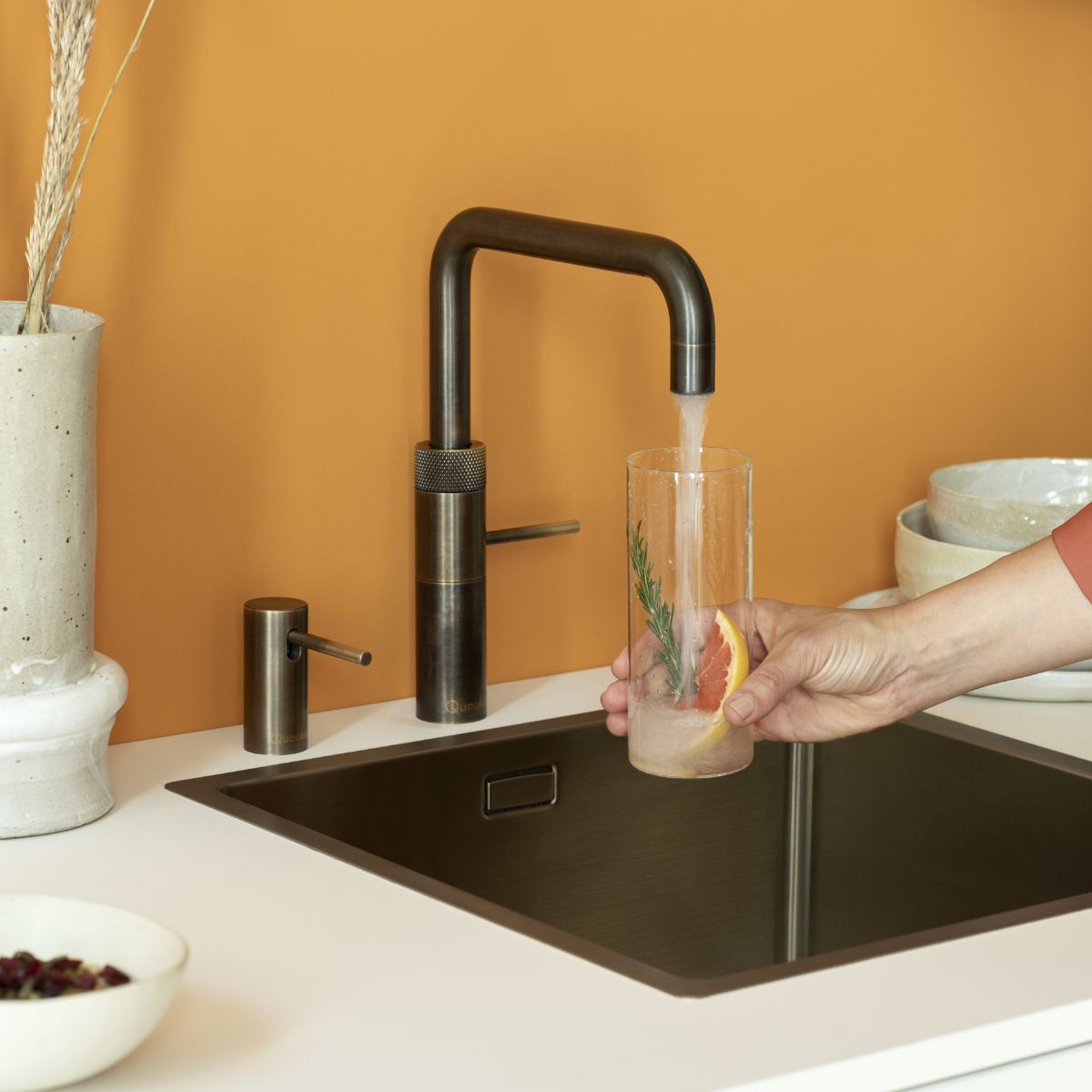 Quooker Fusion Square Boiling Water Tap Patinated Brass Dispensing Sparkling Water