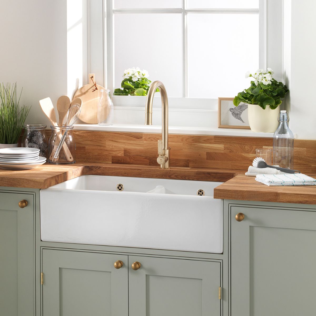 Shaws of Darwen Shaker Double 800 Ceramic Sink White in stylish kitchen